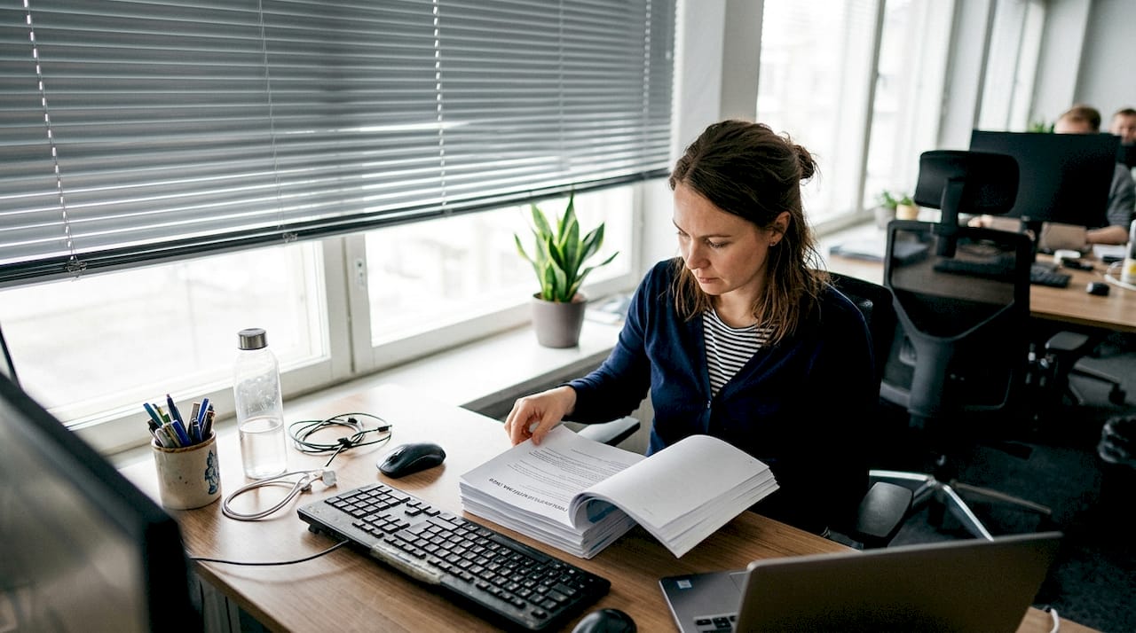 Toimistossa työskentelevä henkilö istuu harmaiden sälekaihtimien äärellä