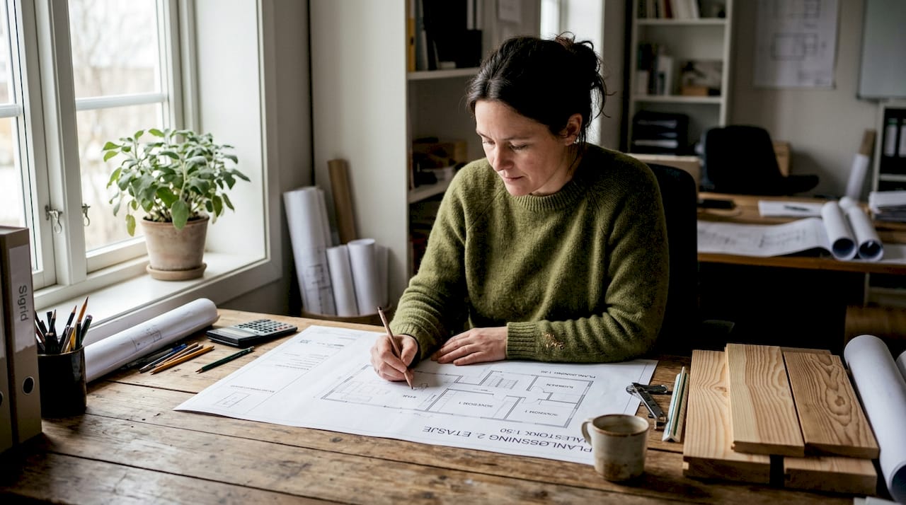 Arkitekten sitter og tegner ulike alternativer for valg av treverk, og vurderer hvordan materialene best kan brukes i prosjektet.