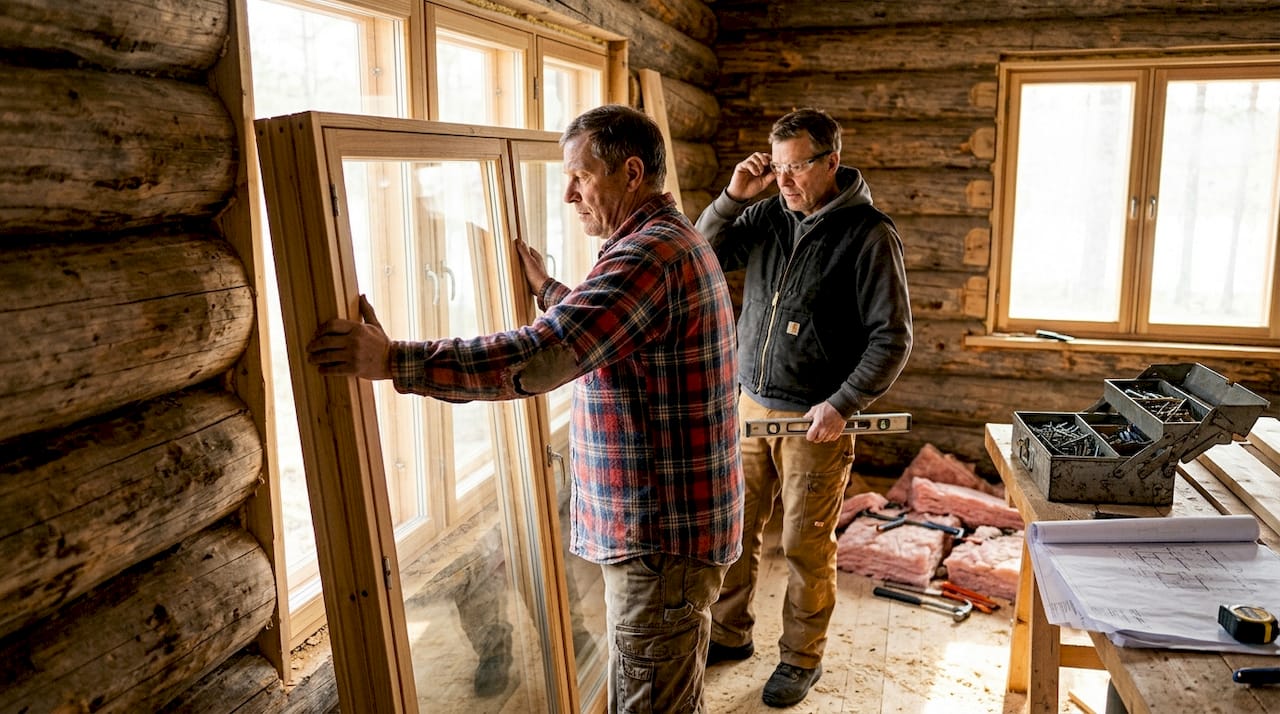Carpenters installing windows in log house