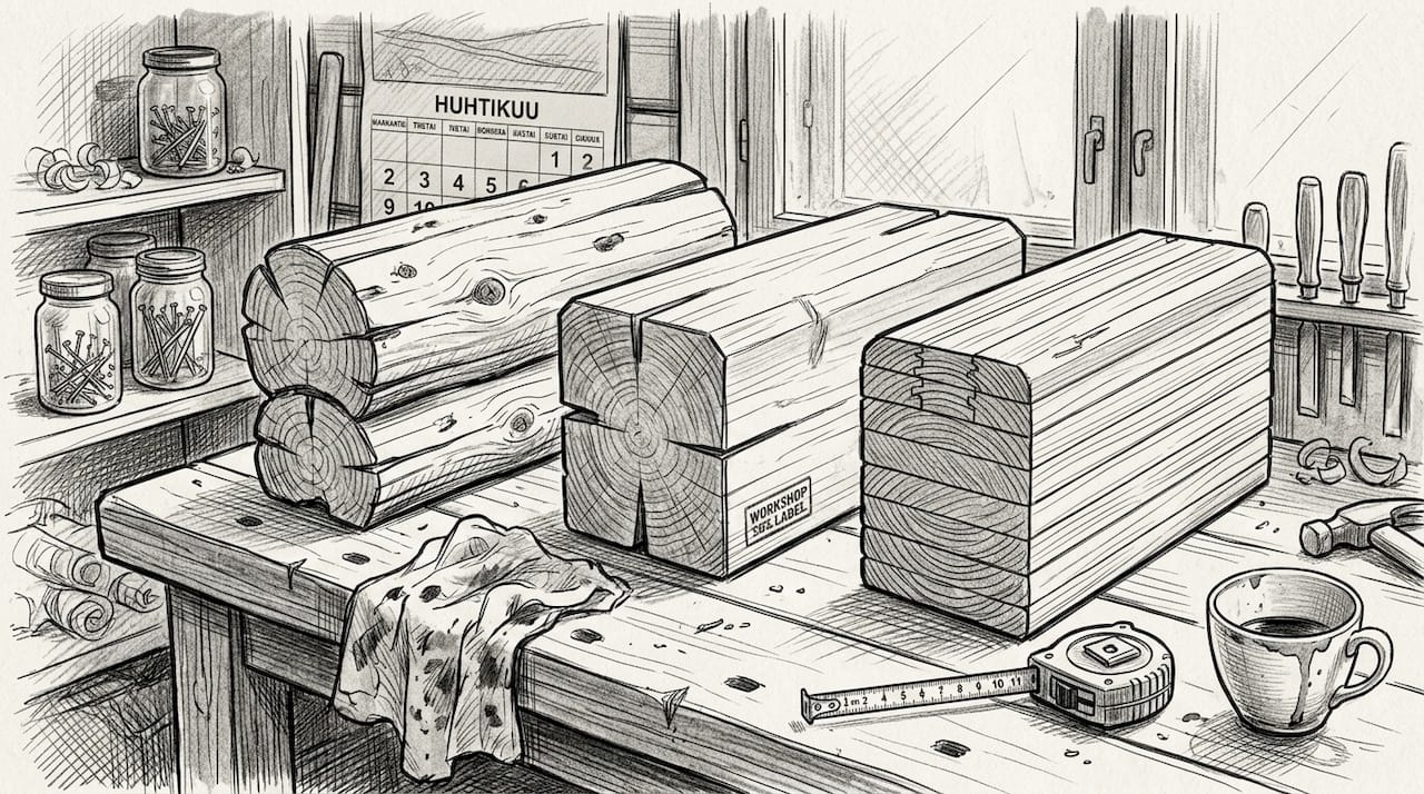 Puusepän verstaalla esillä erilaisia hirsiseinien mallikappaleita.