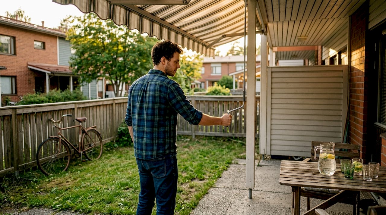 Mies säätää terassin markiisia