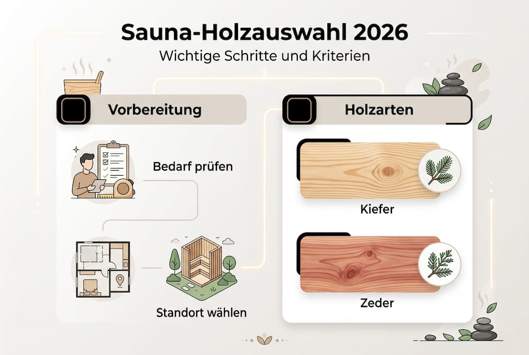 Infografik: So wählen Sie das richtige Holz für Ihre Sauna – Schritt-für-Schritt-Anleitung und Überblick über beliebte Holzarten