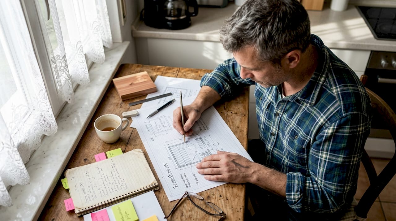 Ein Hausbesitzer entwirft Skizzen für seine geplante Sauna.