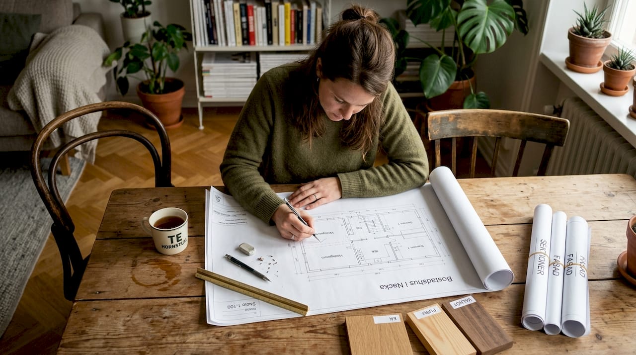 En arkitekt sitter vid sitt skrivbord och ritar på ett hus i trä.