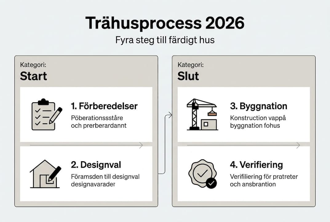 Så här går det till – fyra steg i byggandet av ett trähus, illustrerat i en informativ grafik.
