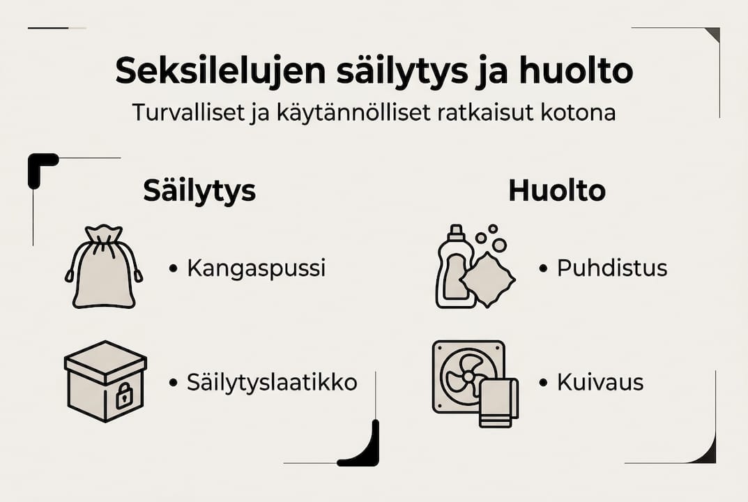 Käytännön vinkit seksilelujen säilytykseen ja huoltoon – selkeä infografiikka