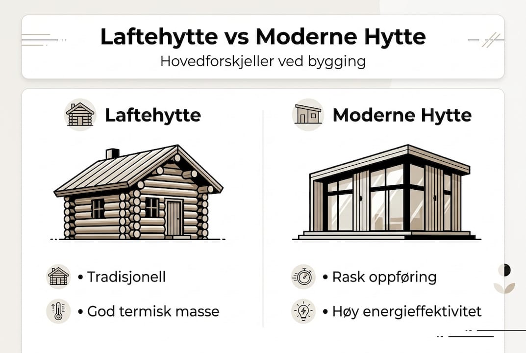 Infografikken gir deg en oversikt over forskjellene mellom tradisjonelle laftehytter og moderne hytter.