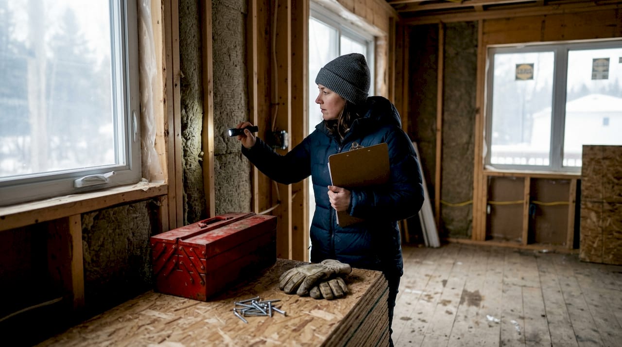 En fagkyndig inspiserer isolasjonen i en hytte som fortsatt er under bygging.