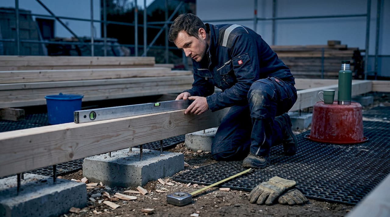 Ein Handwerker überprüft die Holzbodenelemente am Fundament auf ihre fachgerechte Verarbeitung.