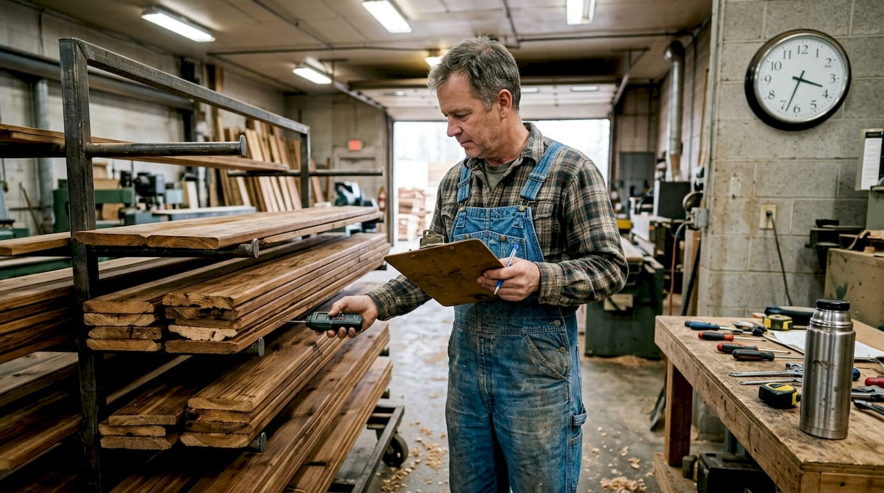Technician checking ThermoWood planks at mill