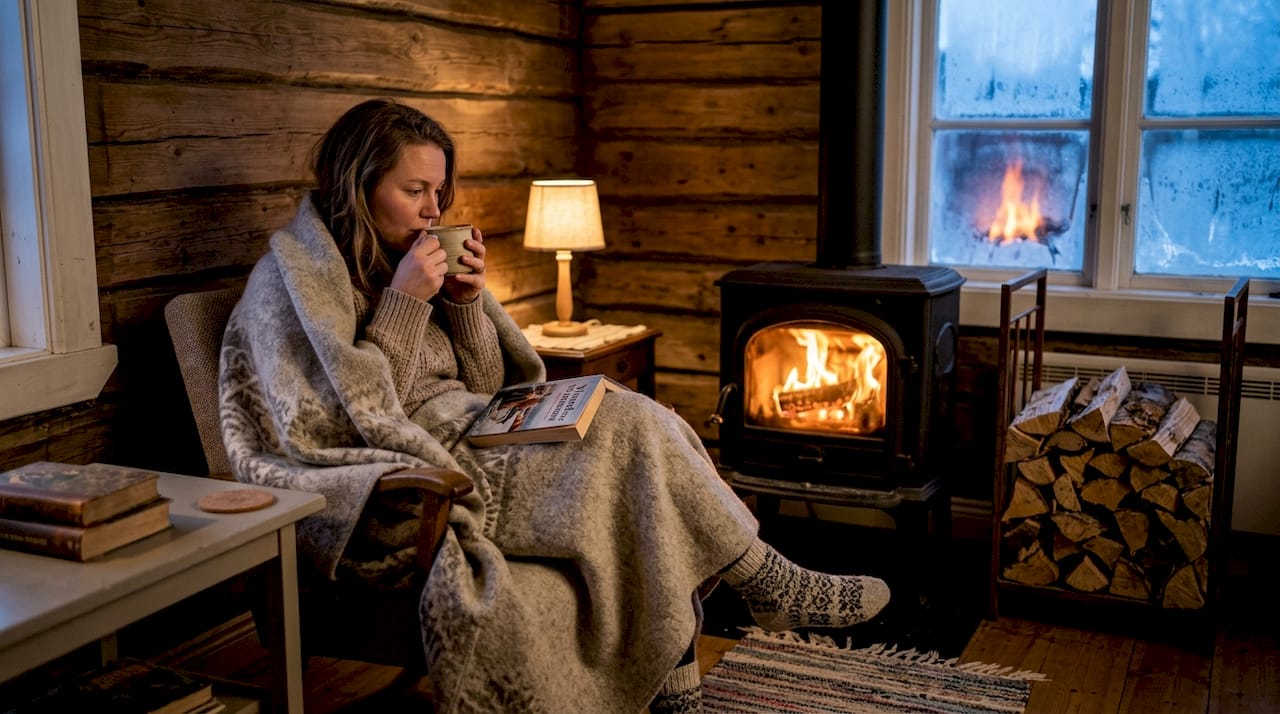 Varm och ombonad stämning i en timmerstuga med sprakande brasa och vintrigt mys