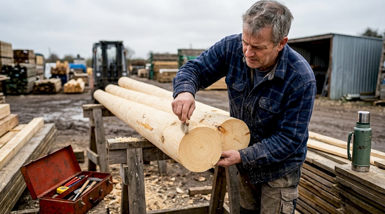 En snekker inspiserer furutømmer fra Finland utendørs