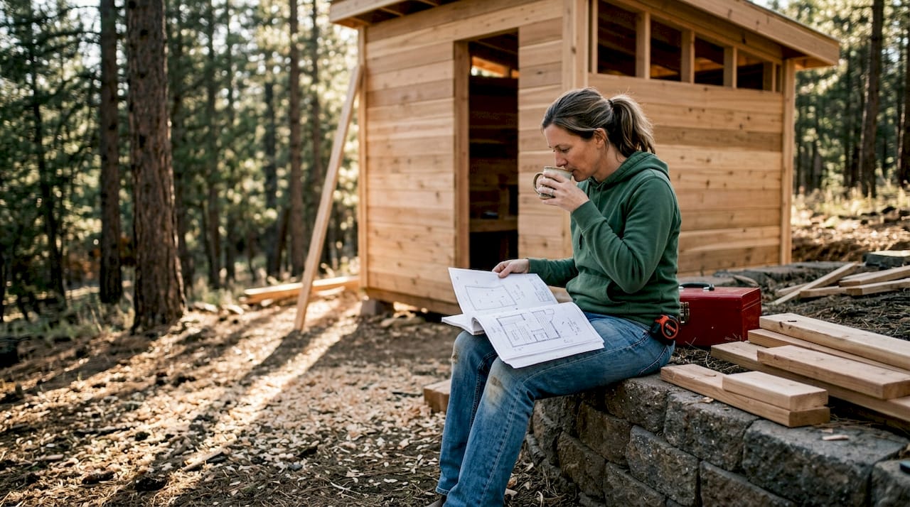 Woman reviewing outdoor sauna plans on site