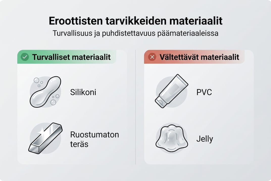 Kuvallinen kooste turvallisista materiaaleista ja mahdollisista riskeistä