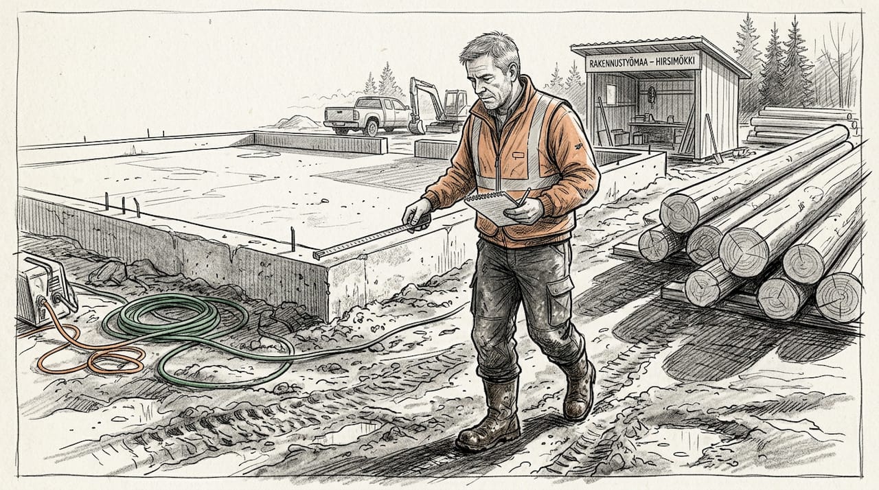 Työntekijä tarkastaa tonttia hirsitalon perustusten suunnittelua varten.
