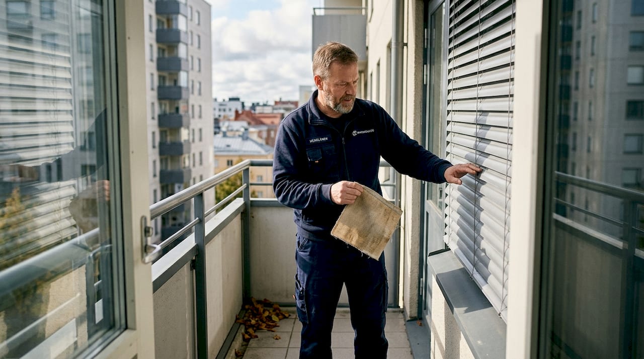 Asiantuntija tarkastaa parvekkeen aurinkosuojamateriaaleja