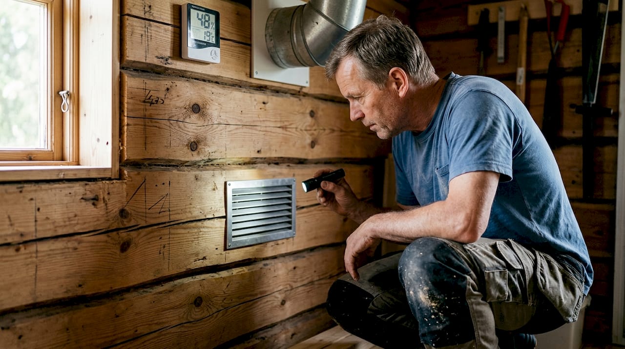 Snickaren ser över ventilationen i trähuset