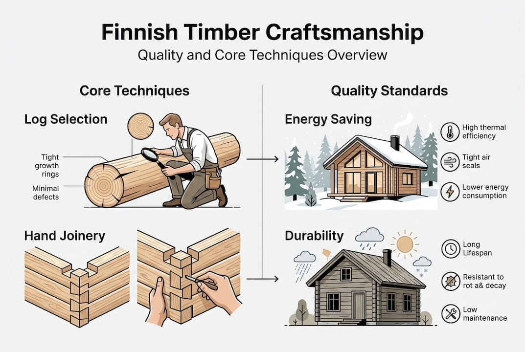 Infographic showing Finnish timber techniques and standards
