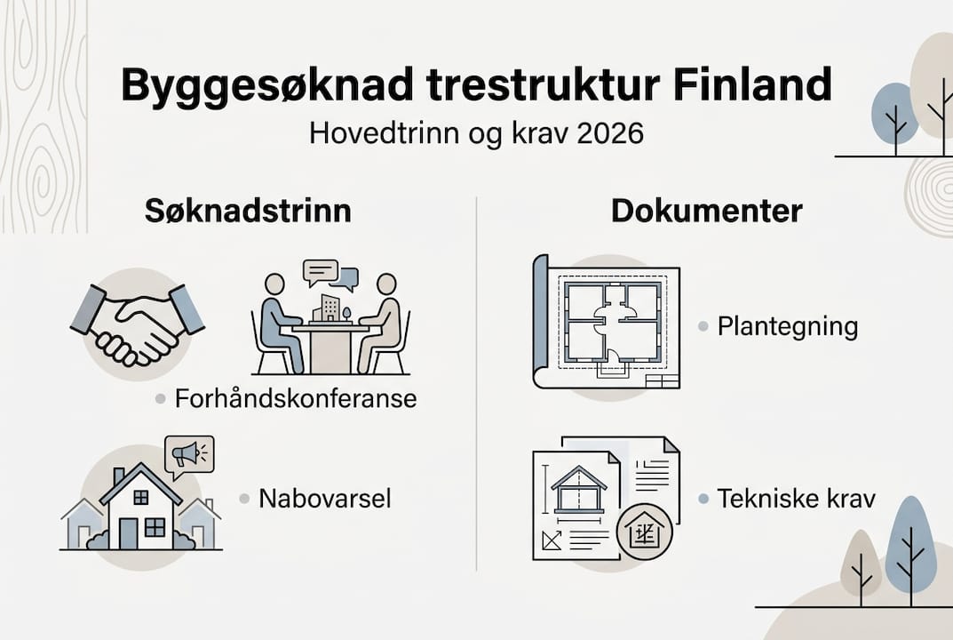Oversiktlig infografikk som viser hovedtrinnene i byggesøknadsprosessen og hvilke krav som gjelder
