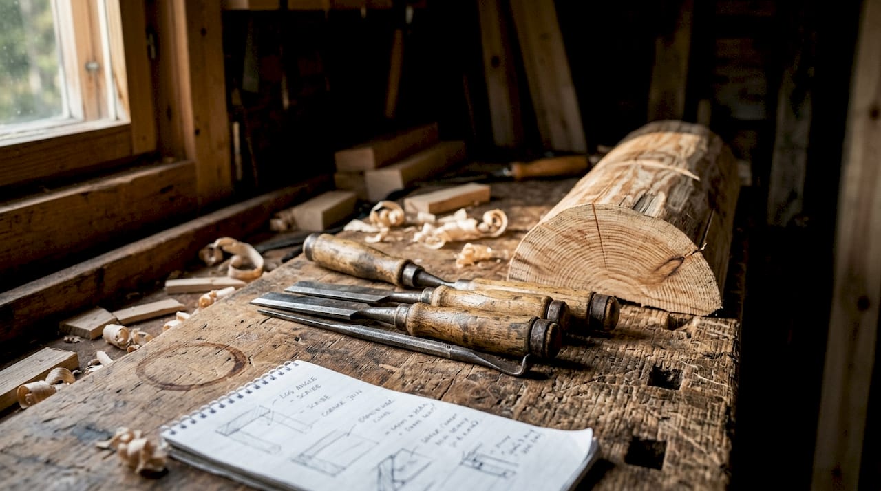 Close-up of joinery tools and timber workbench