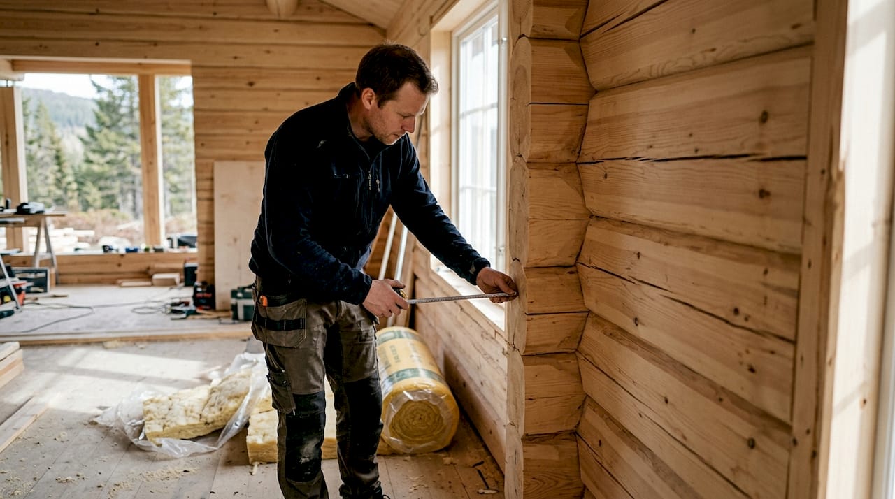 En byggtekniker sjekker hvor tykk den laftede bæreveggen er.