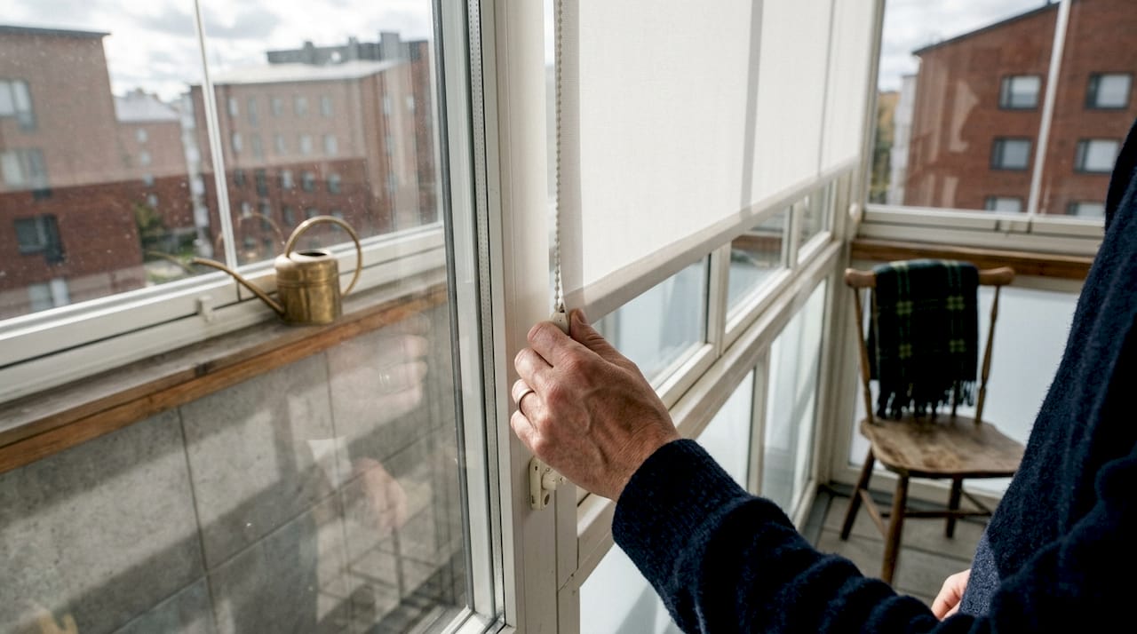 Parvekkeella säädetään kaihtimia käsin.