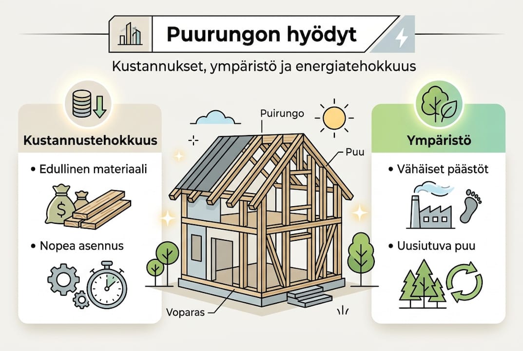 Infografiikka: puurakenteen edut rakennusprojektissa