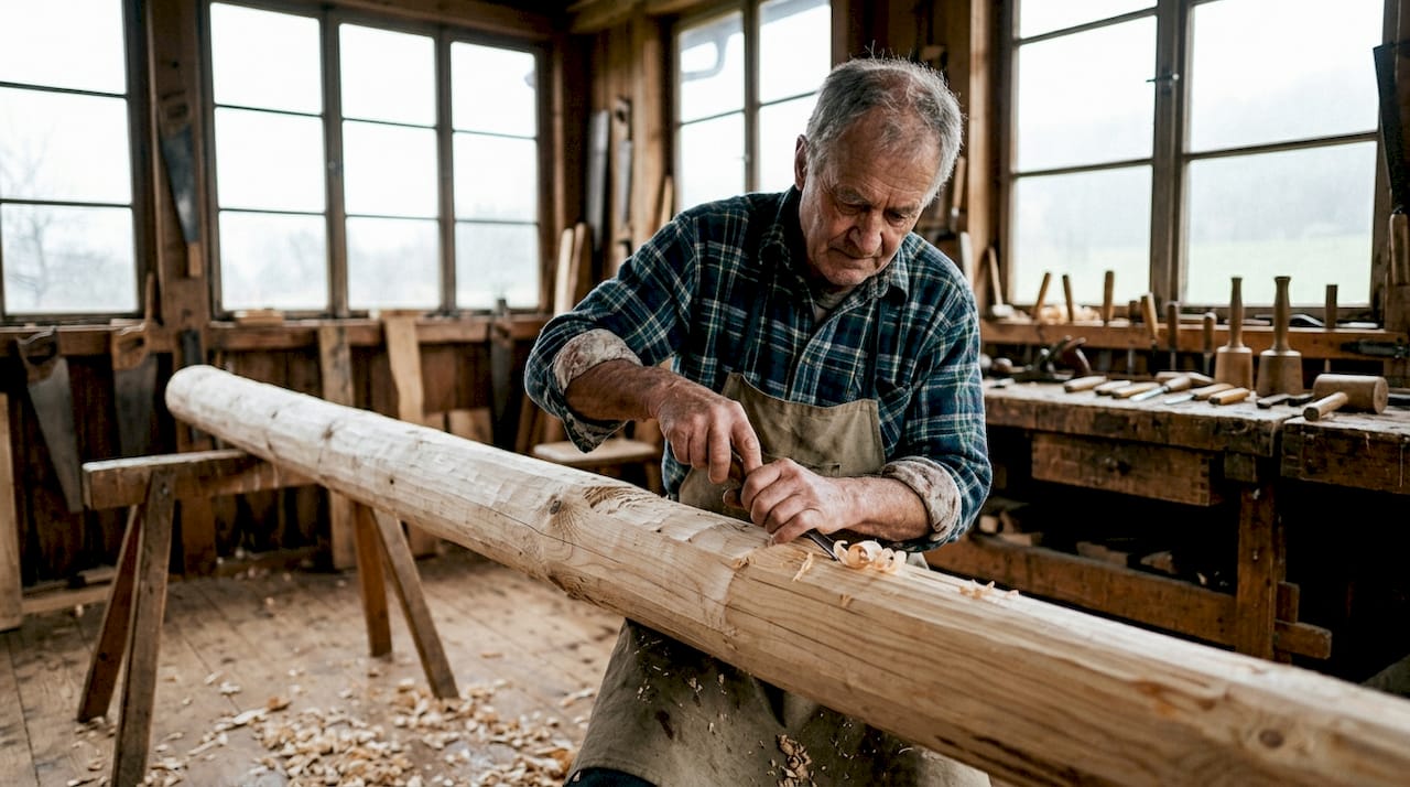 Ein Handwerker bereitet einen Baumstamm für den Bau eines Blockhauses vor.
