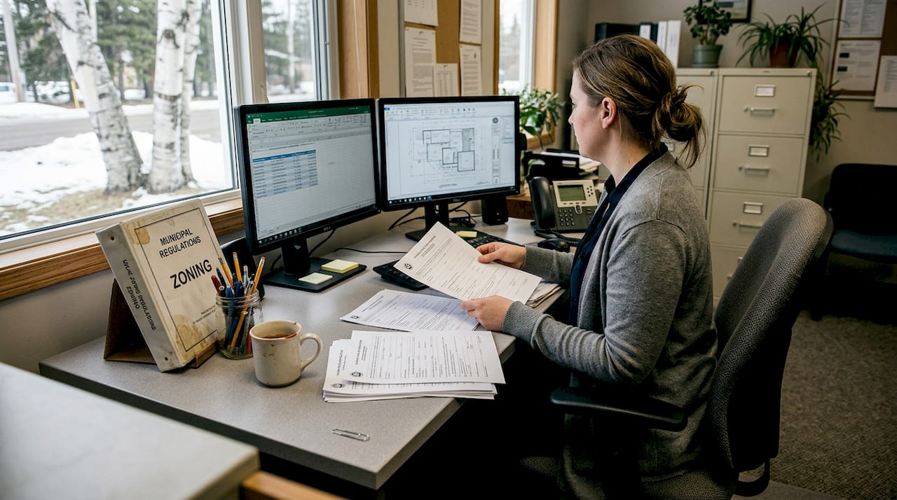 Clerk organizing sauna permit application papers