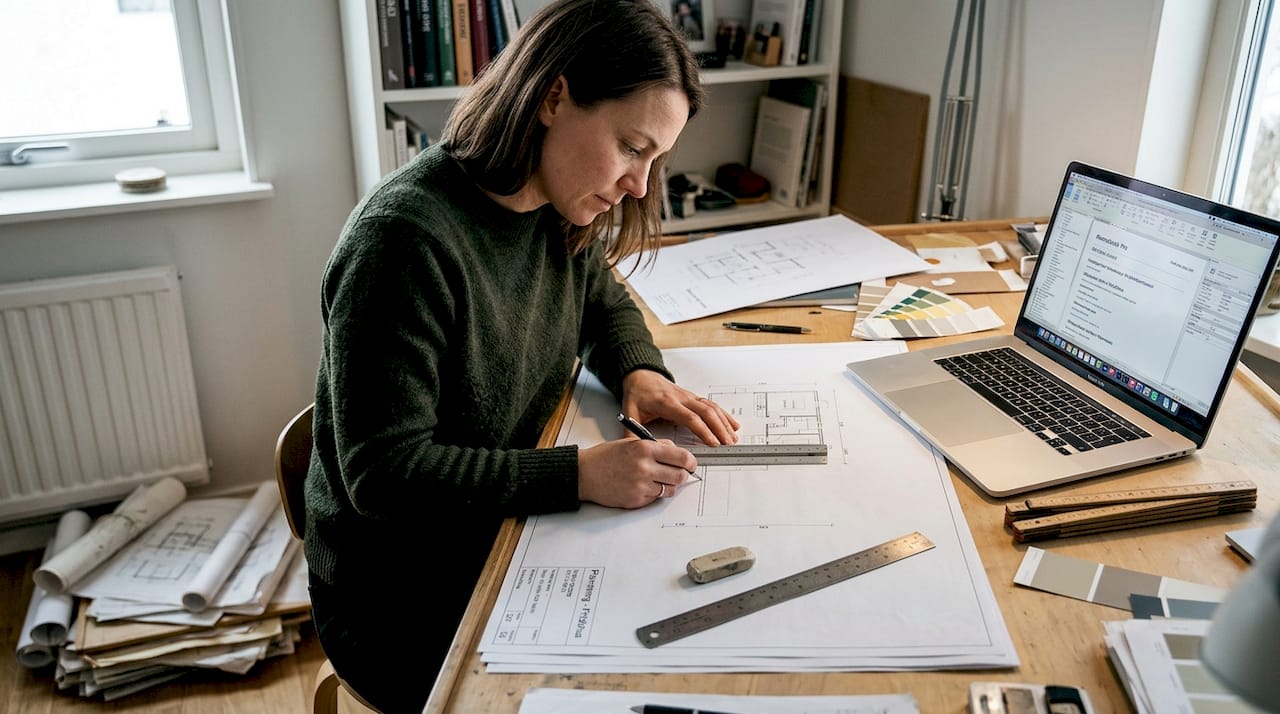 En arkitekt skissar på ett nytt fritidshus vid ritbordet.