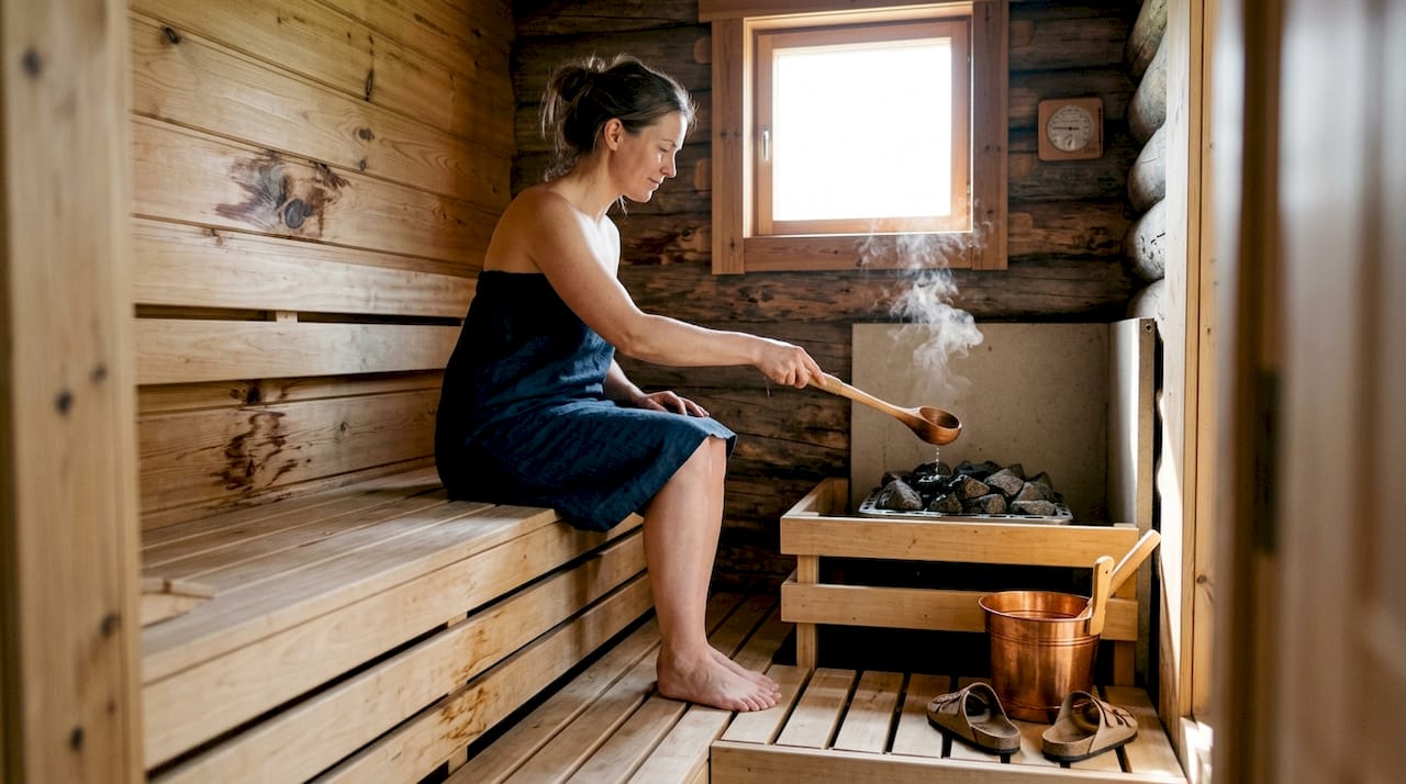 En kvinne heller vann på ovnen i en sauna laget av finsk termotre.