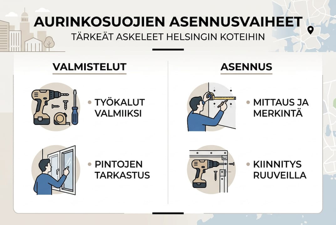 Aurinkosuojien asennus – vaihe vaiheelta kuvina