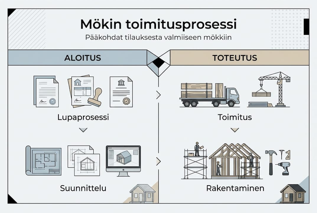 Kuvallinen esitys mökin toimituksen tärkeimmistä vaiheista
