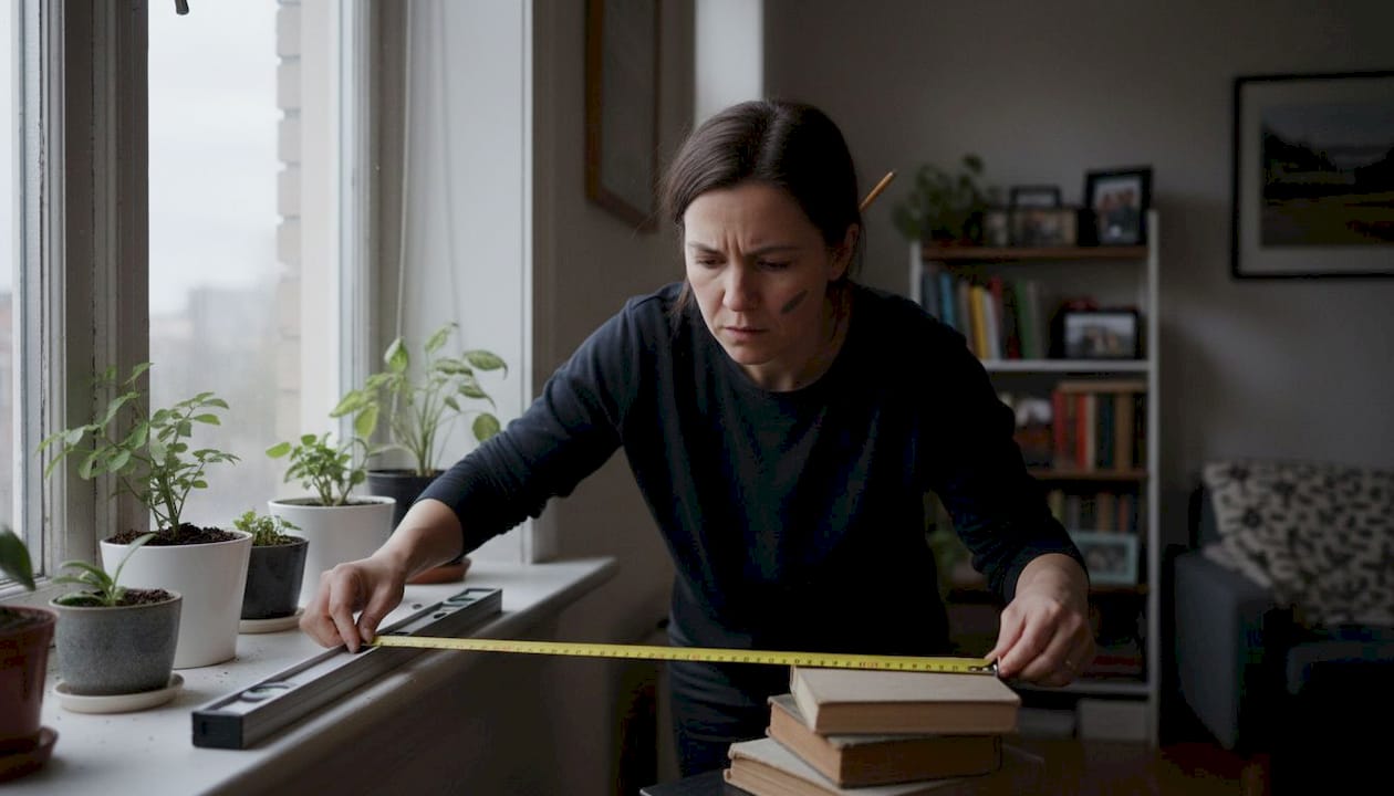 Nainen mittaamassa ikkunan karmia ennen asennusta