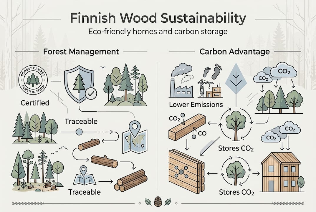 Infographic showing Finnish wood sustainability benefits