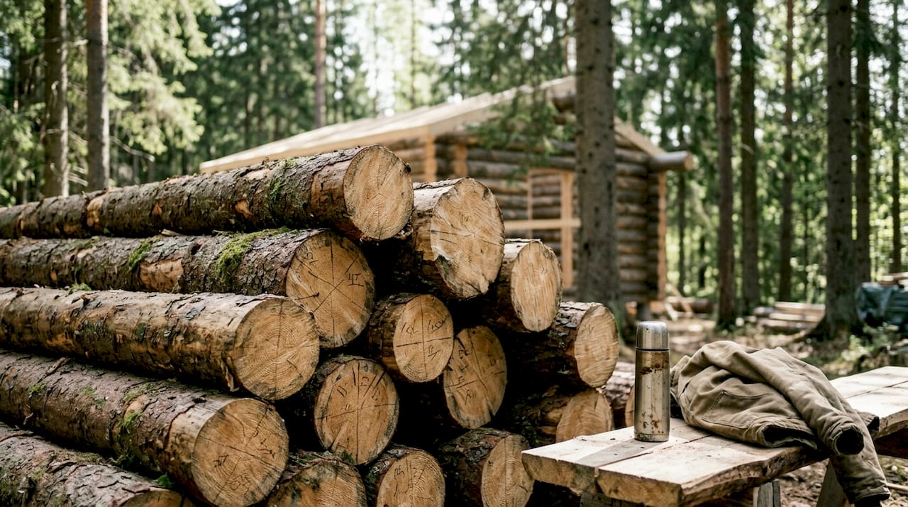 Stacked Finnish logs at construction site