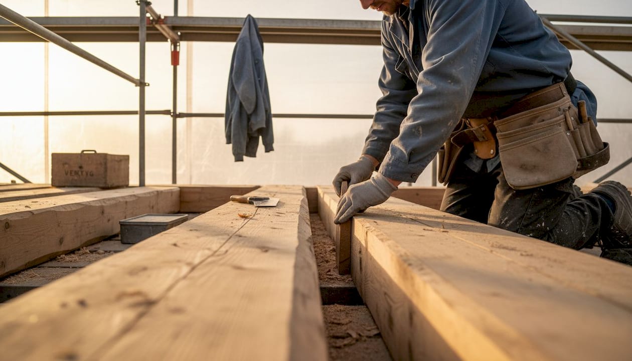 En snickare sätter skickligt samman trädetaljer på bygget.
