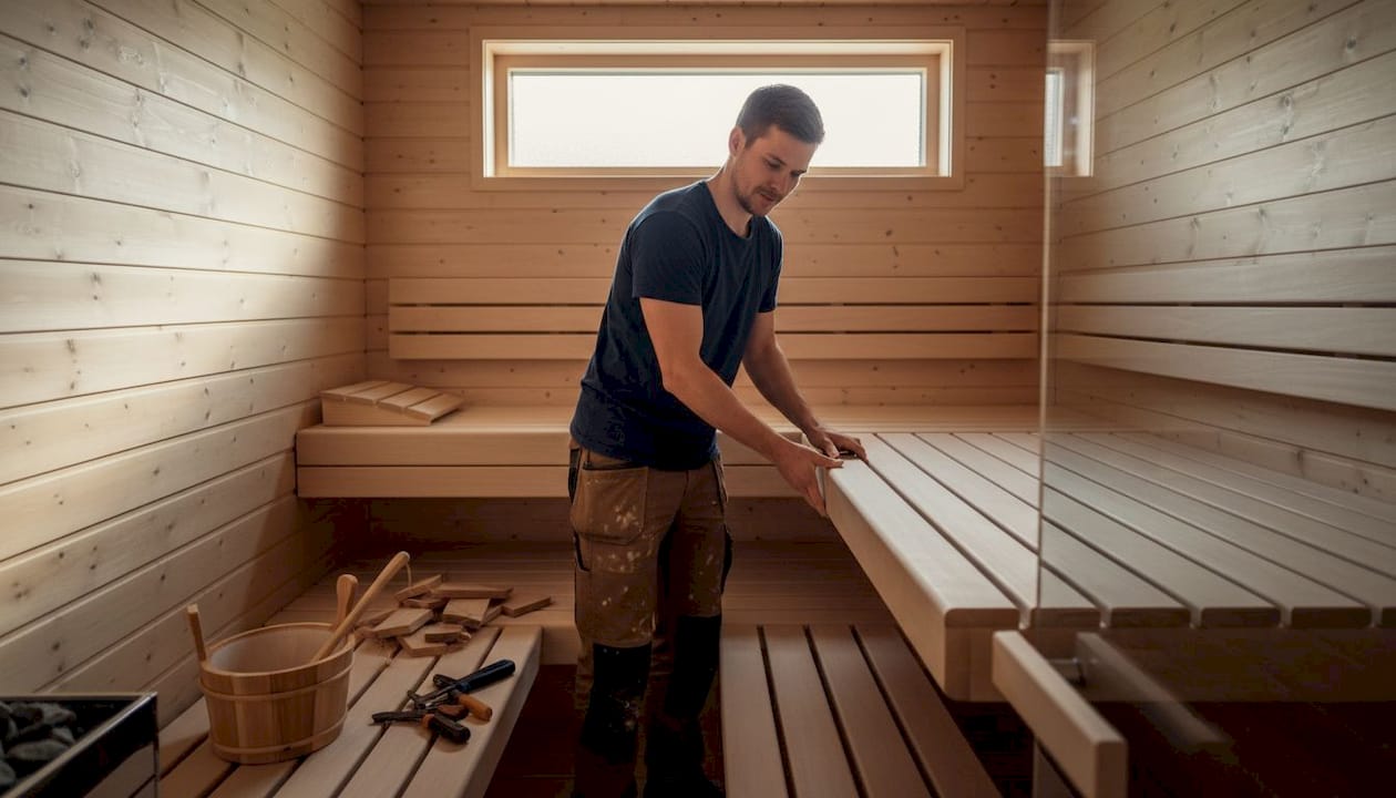 Ein Schreiner montiert eine Holzbank in der Sauna.