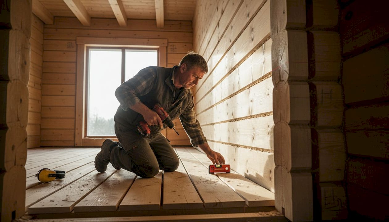En håndverker justerer limtrebjelker inne i hytta.