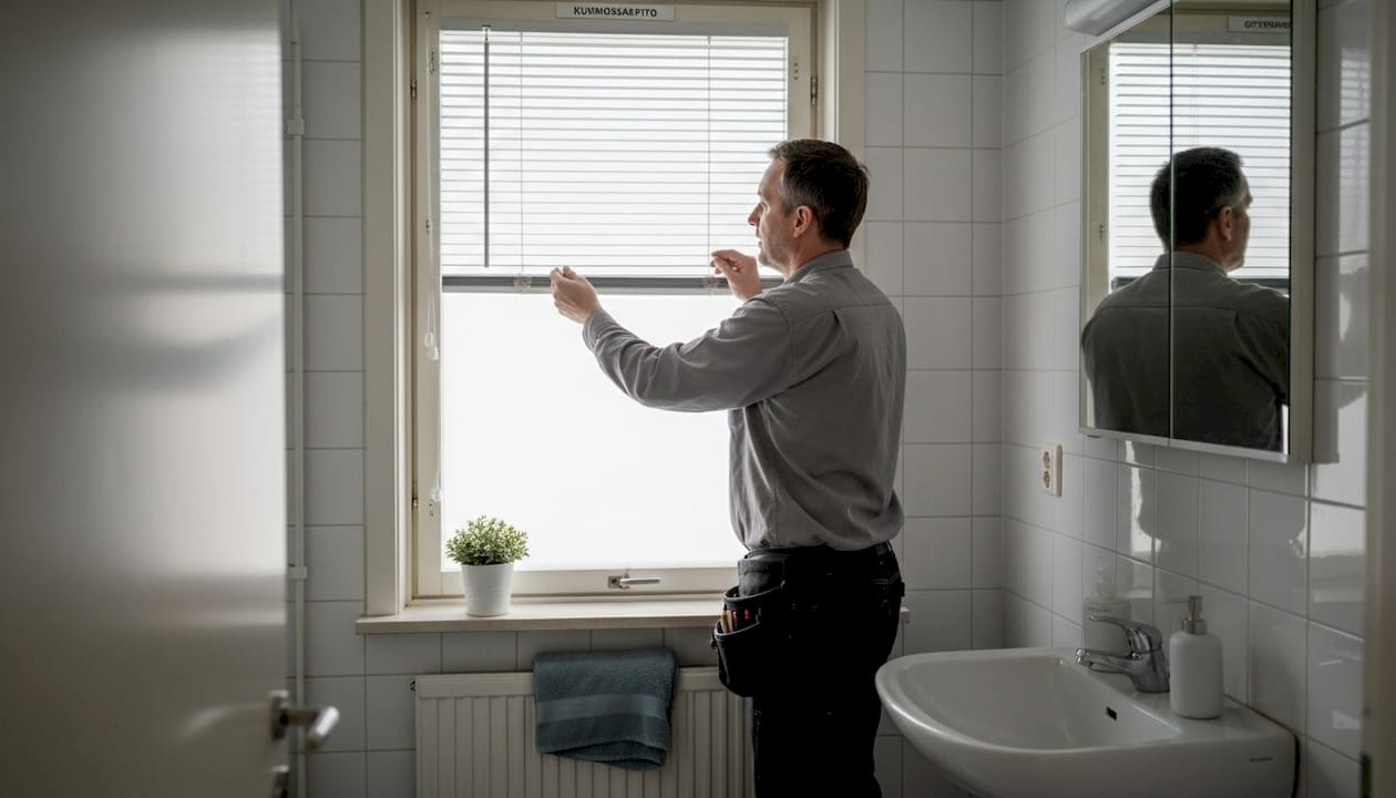 Työntekijä tarkistaa kylpyhuoneen sälekaihtimien kuntoa.