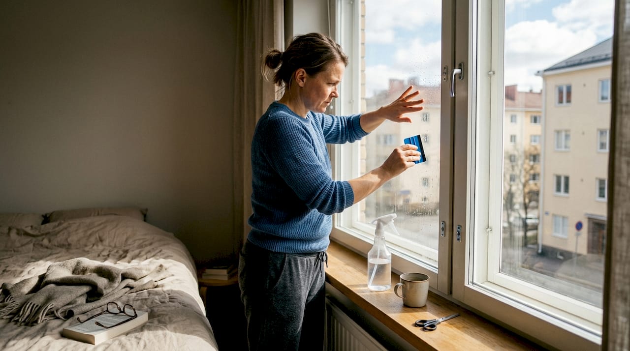 Nainen asentaa kalvoa helsinkiläisen asunnon ikkunaan.