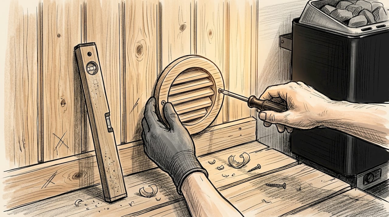 Saunan ilmanvaihtoventtiiliä asennetaan käsin paikoilleen.