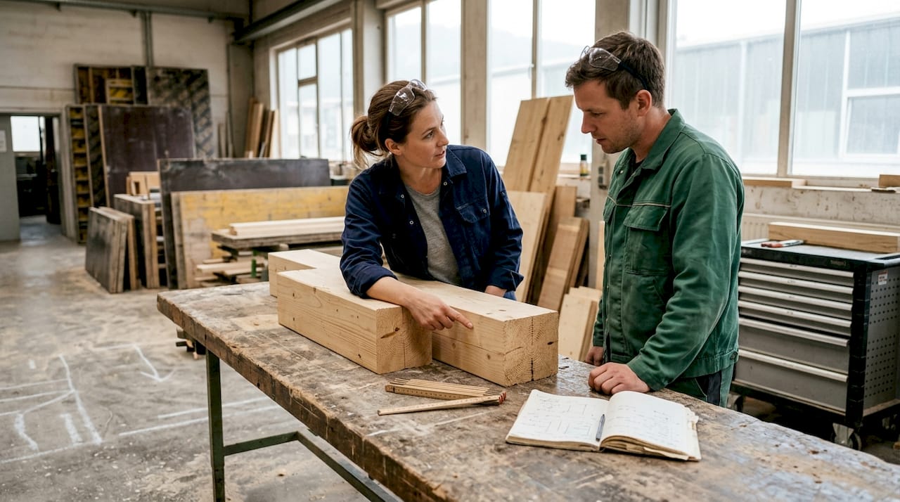 Fachleute prüfen, welche von zwei verschiedenen Holzbalken besser geeignet ist.