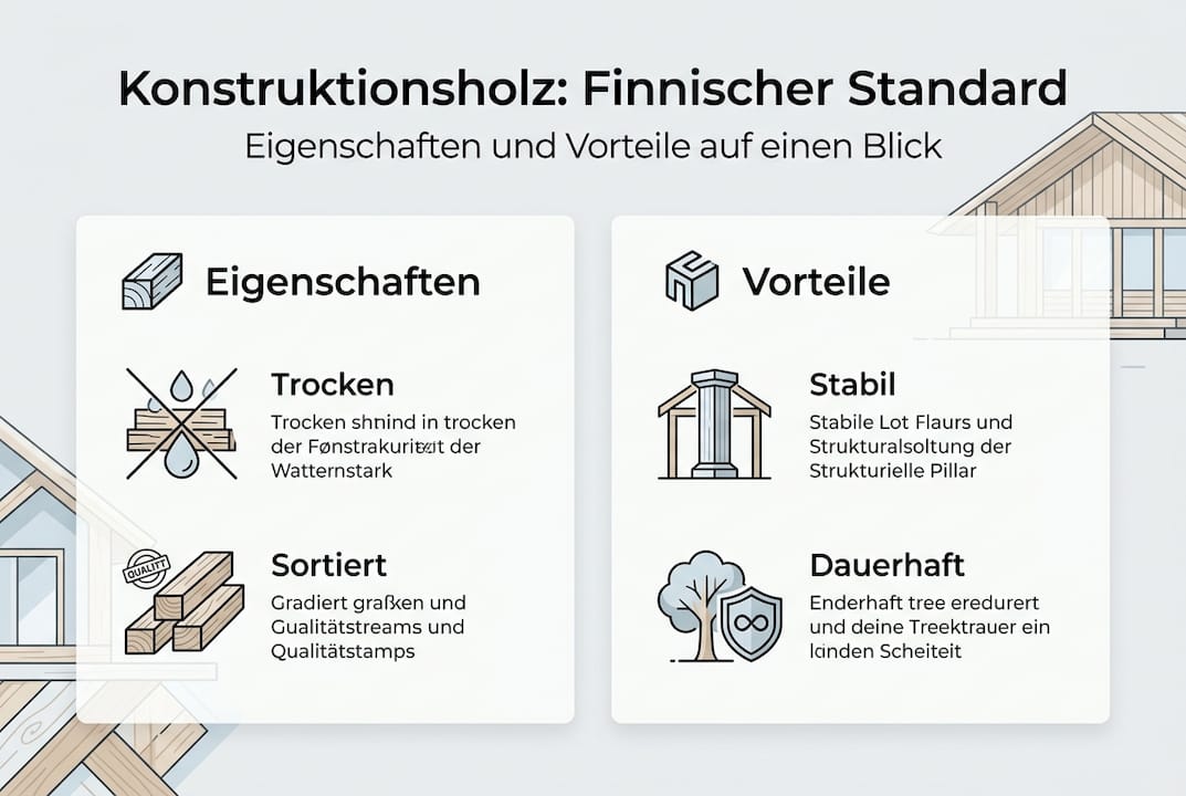Die Infografik veranschaulicht, welche Eigenschaften Konstruktionsholz auszeichnen und welche Vorteile es im Bau bietet.