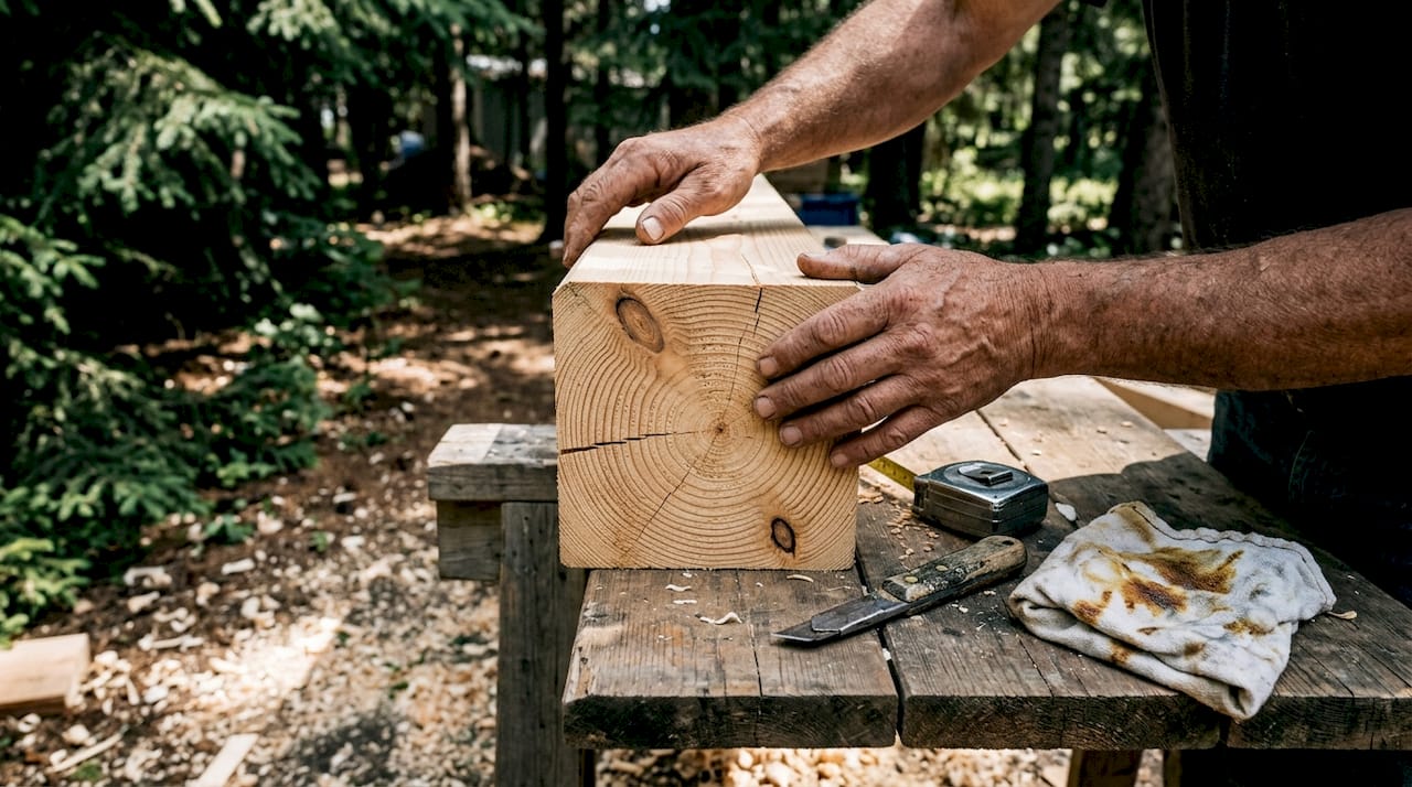 Hender undersøker endeflaten på en furuplanke