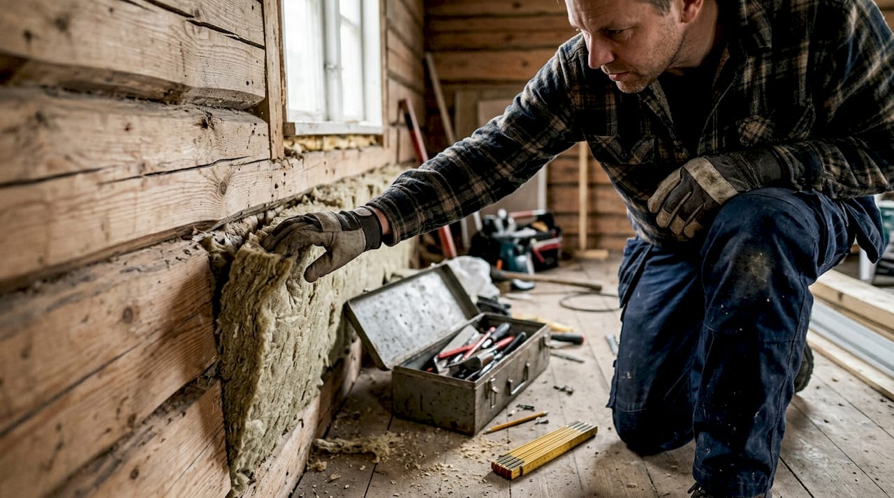 En snickare inspekterar isoleringen i ett timrat hus.