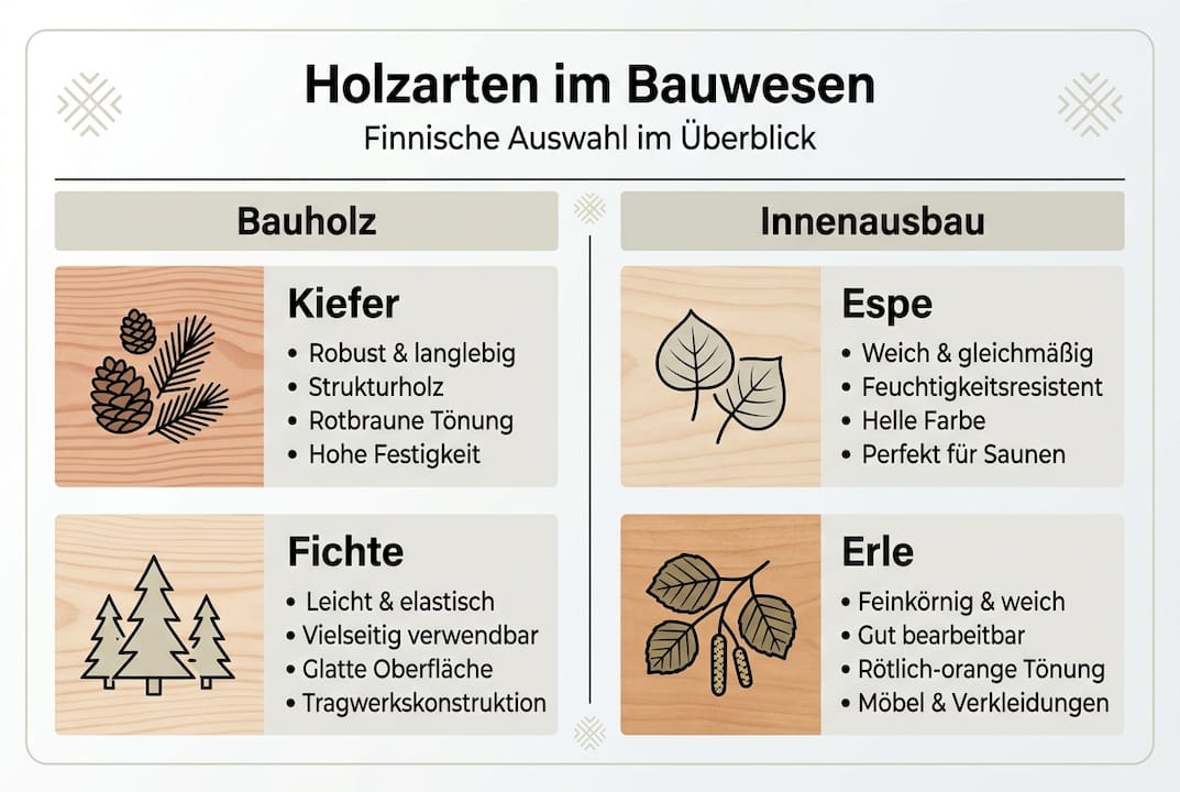 Überblick: Finnische Holzarten im Bauwesen – eine Infografik