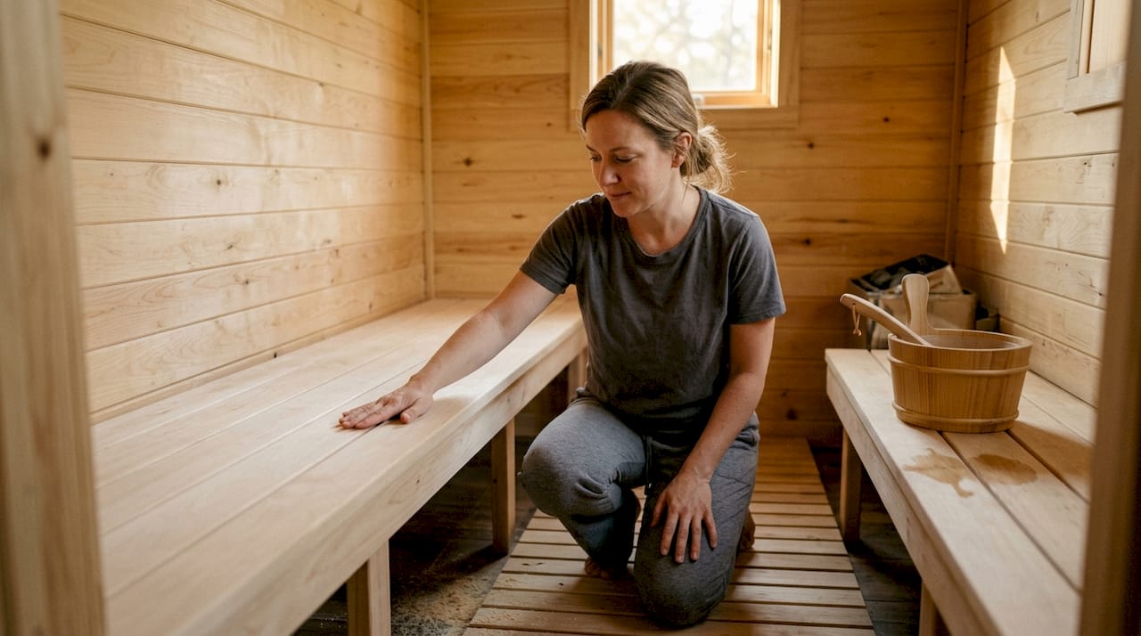 Eine Frau prüft die Saunabank aus Espenholz.