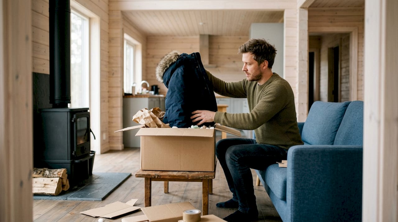 En man packar upp flyttlådor i vardagsrummet i sitt nya trähus.