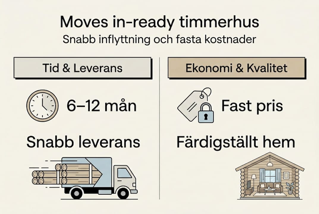 En överskådlig infografik som visar processen för inflyttningsklara timmerhus och vilka fördelar du får på köpet